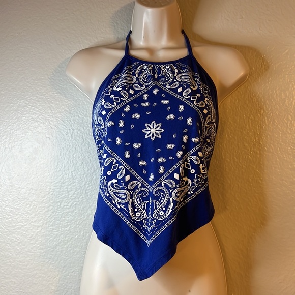 Fashion Magazine Blue Bandanna Halter Tie Top - Picture 2 of 5
